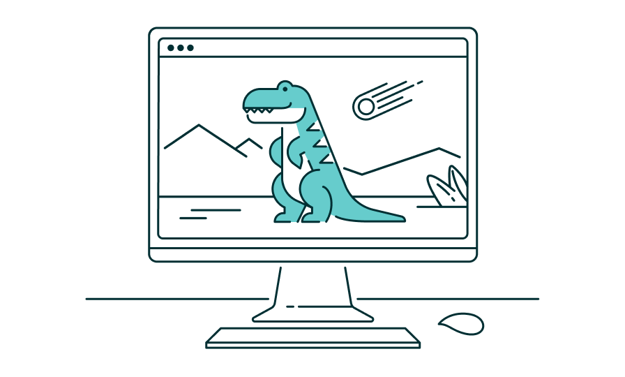 Illustration of a dinosaur on a computer screen, representing an outdated browser